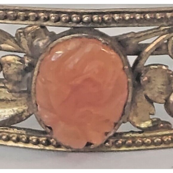 Antique Victorian Coral Cameo Bracelet Bangle Filigree Gold Tone Orange Stone - Picture 6 of 8